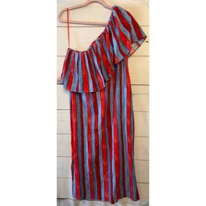 Pomander Place Red Blue Stripe One Shoulder Ruffle Maxi Dress Size M